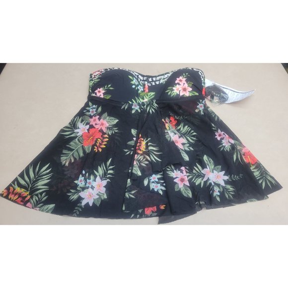 Women's Ladder Trim Flyaway Tankini Top Kona Sol Black Tropical Print Small - Picture 8 of 8